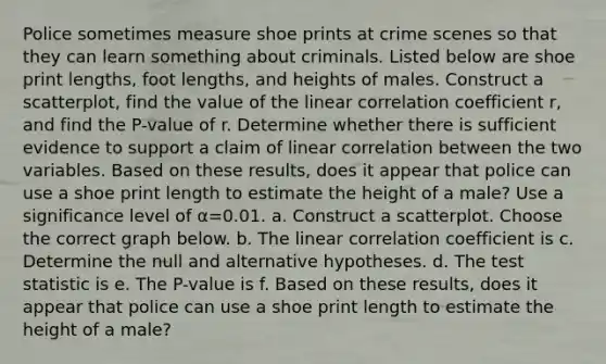 Police sometimes measure shoe prints at crime scenes so that they can learn something about criminals. Listed below are shoe print​ lengths, foot​ lengths, and heights of males. Construct a​ scatterplot, find the value of the linear correlation coefficient​ r, and find the​ P-value of r. Determine whether there is sufficient evidence to support a claim of linear correlation between the two variables. Based on these​ results, does it appear that police can use a shoe print length to estimate the height of a​ male? Use a significance level of α=0.01. a. Construct a scatterplot. Choose the correct graph below. b. The linear correlation coefficient is c. Determine the null and alternative hypotheses. d. The test statistic is e. The​ P-value is f. Based on these​ results, does it appear that police can use a shoe print length to estimate the height of a​ male?