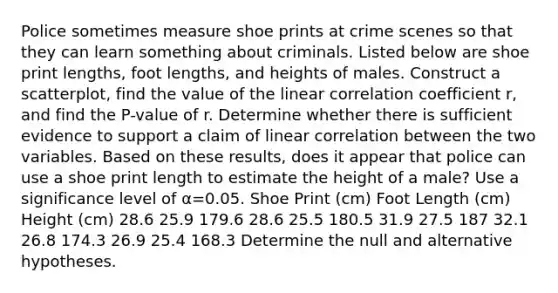 Police sometimes measure shoe prints at crime scenes so that they can learn something about criminals. Listed below are shoe print​ lengths, foot​ lengths, and heights of males. Construct a​ scatterplot, find the value of the linear correlation coefficient​ r, and find the​ P-value of r. Determine whether there is sufficient evidence to support a claim of linear correlation between the two variables. Based on these​ results, does it appear that police can use a shoe print length to estimate the height of a​ male? Use a significance level of α=0.05. Shoe Print (cm) Foot Length (cm) Height (cm) 28.6 25.9 179.6 28.6 25.5 180.5 31.9 27.5 187 32.1 26.8 174.3 26.9 25.4 168.3 Determine the null and alternative hypotheses.