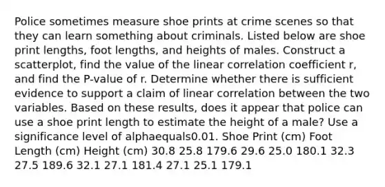 Police sometimes measure shoe prints at crime scenes so that they can learn something about criminals. Listed below are shoe print​ lengths, foot​ lengths, and heights of males. Construct a​ scatterplot, find the value of the linear correlation coefficient​ r, and find the​ P-value of r. Determine whether there is sufficient evidence to support a claim of linear correlation between the two variables. Based on these​ results, does it appear that police can use a shoe print length to estimate the height of a​ male? Use a significance level of alphaequals0.01. Shoe Print (cm) Foot Length (cm) Height (cm) 30.8 25.8 179.6 29.6 25.0 180.1 32.3 27.5 189.6 32.1 27.1 181.4 27.1 25.1 179.1