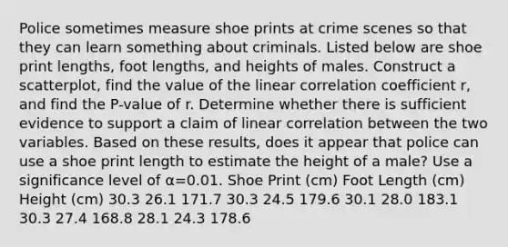 Police sometimes measure shoe prints at crime scenes so that they can learn something about criminals. Listed below are shoe print​ lengths, foot​ lengths, and heights of males. Construct a​ scatterplot, find the value of the linear correlation coefficient​ r, and find the​ P-value of r. Determine whether there is sufficient evidence to support a claim of linear correlation between the two variables. Based on these​ results, does it appear that police can use a shoe print length to estimate the height of a​ male? Use a significance level of α=0.01. Shoe Print (cm) Foot Length (cm) Height (cm) 30.3 26.1 171.7 30.3 24.5 179.6 30.1 28.0 183.1 30.3 27.4 168.8 28.1 24.3 178.6