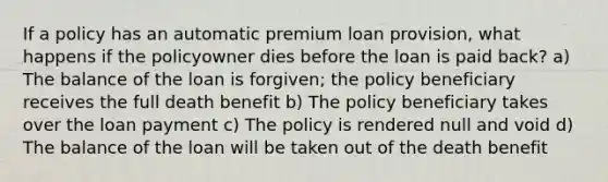 If a policy has an automatic premium loan provision, what happens if the policyowner dies before the loan is paid back? a) The balance of the loan is forgiven; the policy beneficiary receives the full death benefit b) The policy beneficiary takes over the loan payment c) The policy is rendered null and void d) The balance of the loan will be taken out of the death benefit