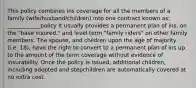 This policy combines ins coverage for all the members of a family (wife/husband/children) into one contract known as: ____________policy It usually provides a permanent plan of ins. on the "base insured," and level term "family riders" on other family members. The spouse, and children upon the age of majority (i.e. 18), have the right to convert to a permanent plan of ins up to the amount of the term coverage without evidence of insurability. Once the policy is issued, additional children, including adopted and stepchildren are automatically covered at no extra cost.