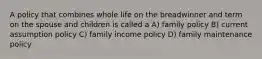 A policy that combines whole life on the breadwinner and term on the spouse and children is called a A) family policy B) current assumption policy C) family income policy D) family maintenance policy