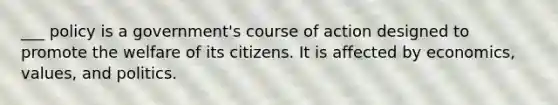 ___ policy is a government's course of action designed to promote the welfare of its citizens. It is affected by economics, values, and politics.