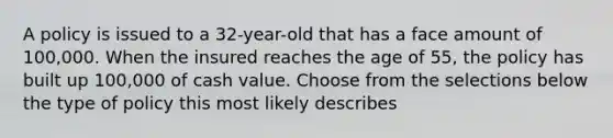 A policy is issued to a 32-year-old that has a face amount of 100,000. When the insured reaches the age of 55, the policy has built up 100,000 of cash value. Choose from the selections below the type of policy this most likely describes