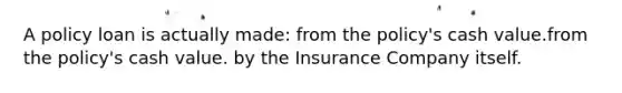 A policy loan is actually made: from the policy's cash value.from the policy's cash value. by the Insurance Company itself.