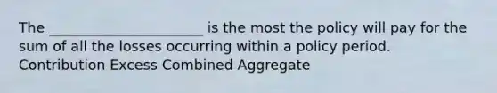 The ______________________ is the most the policy will pay for the sum of all the losses occurring within a policy period. Contribution Excess Combined Aggregate