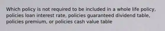 Which policy is not required to be included in a whole life policy, policies loan interest rate, policies guaranteed dividend table, policies premium, or policies cash value table