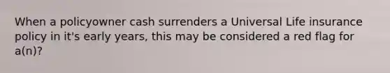 When a policyowner cash surrenders a Universal Life insurance policy in it's early years, this may be considered a red flag for a(n)?