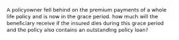 A policyowner fell behind on the premium payments of a whole life policy and is now in the grace period. how much will the beneficiary receive if the insured dies during this grace period and the policy also contains an outstanding policy loan?