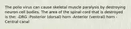 The polio virus can cause skeletal muscle paralysis by destroying neuron cell bodies. The area of the spinal cord that is destroyed is the: -DRG -Posterior (dorsal) horn -Anterior (ventral) horn -Central canal