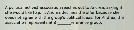 A political activist association reaches out to Andrea, asking if she would like to join. Andrea declines the offer because she does not agree with the group's political ideas. For Andrea, the association represents a(n) _______reference group.