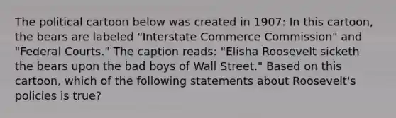 The political cartoon below was created in 1907: In this cartoon, the bears are labeled "Interstate Commerce Commission" and "Federal Courts." The caption reads: "Elisha Roosevelt sicketh the bears upon the bad boys of Wall Street." Based on this cartoon, which of the following statements about Roosevelt's policies is true?