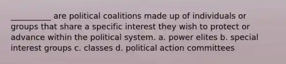 __________ are political coalitions made up of individuals or groups that share a specific interest they wish to protect or advance within the political system. a. power elites b. special interest groups c. classes d. political action committees