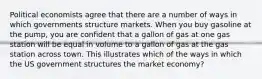 Political economists agree that there are a number of ways in which governments structure markets. When you buy gasoline at the pump, you are confident that a gallon of gas at one gas station will be equal in volume to a gallon of gas at the gas station across town. This illustrates which of the ways in which the US government structures the market economy?