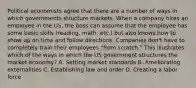 Political economists agree that there are a number of ways in which governments structure markets. When a company hires an employee in the US, the boss can assume that the employee has some basic skills (reading, math, etc.) but also knows how to show up on time and follow directions. Companies don't have to completely train their employees "from scratch." This illustrates which of the ways in which the US government structures the market economy? A. Setting market standards B. Ameliorating externalities C. Establishing law and order D. Creating a labor force