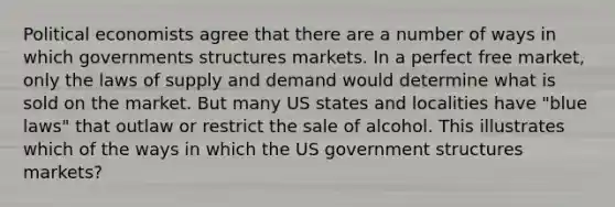 Political economists agree that there are a number of ways in which governments structures markets. In a perfect free market, only the laws of supply and demand would determine what is sold on the market. But many US states and localities have "blue laws" that outlaw or restrict the sale of alcohol. This illustrates which of the ways in which the US government structures markets?