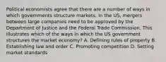 Political economists agree that there are a number of ways in which governments structure markets. In the US, mergers between large companies need to be approved by the Department of Justice and the Federal Trade Commission. This illustrates which of the ways in which the US government structures the market economy? A. Defining rules of property B. Establishing law and order C. Promoting competition D. Setting market standards