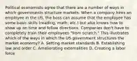 Political economists agree that there are a number of ways in which governments structure markets. When a company hires an employee in the US, the boss can assume that the employee has some basic skills (reading, math, etc.) but also knows how to show up on time and follow directions. Companies don't have to completely train their employees "from scratch." This illustrates which of the ways in which the US government structures the market economy? A. Setting market standards B. Establishing law and order C. Ameliorating externalities D. Creating a labor force