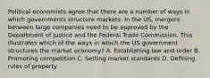 Political economists agree that there are a number of ways in which governments structure markets. In the US, mergers between large companies need to be approved by the Department of Justice and the Federal Trade Commission. This illustrates which of the ways in which the US government structures the market economy? A. Establishing law and order B. Promoting competition C. Setting market standards D. Defining rules of property