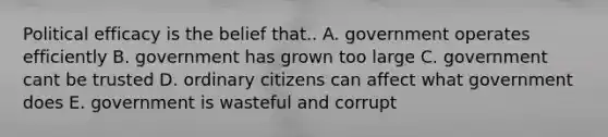 Political efficacy is the belief that.. A. government operates efficiently B. government has grown too large C. government cant be trusted D. ordinary citizens can affect what government does E. government is wasteful and corrupt