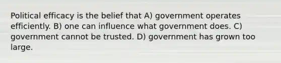 Political efficacy is the belief that A) government operates efficiently. B) one can influence what government does. C) government cannot be trusted. D) government has grown too large.