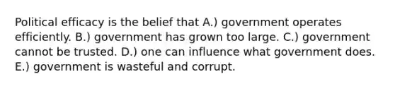 Political efficacy is the belief that A.) government operates efficiently. B.) government has grown too large. C.) government cannot be trusted. D.) one can influence what government does. E.) government is wasteful and corrupt.