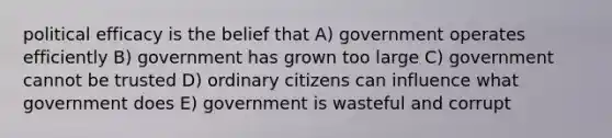 political efficacy is the belief that A) government operates efficiently B) government has grown too large C) government cannot be trusted D) ordinary citizens can influence what government does E) government is wasteful and corrupt