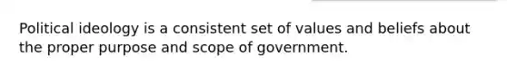 Political ideology is a consistent set of values and beliefs about the proper purpose and scope of government.