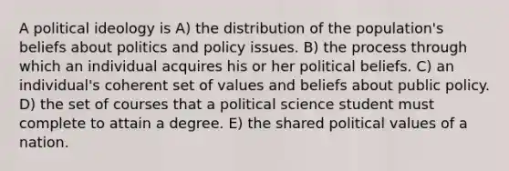 A political ideology is A) the distribution of the population's beliefs about politics and policy issues. B) the process through which an individual acquires his or her political beliefs. C) an individual's coherent set of values and beliefs about public policy. D) the set of courses that a political science student must complete to attain a degree. E) the shared political values of a nation.