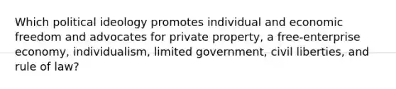 Which political ideology promotes individual and economic freedom and advocates for private property, a free-enterprise economy, individualism, limited government, civil liberties, and rule of law?