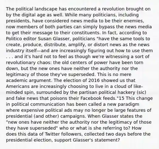 The political landscape has encountered a revolution brought on by the digital age as well. While many politicians, including presidents, have considered news media to be their enemies, now members of both parties can simply bypass the news media to get their message to their constituents. In fact, according to Politico editor Susan Glasser, politicians "have the same tools to create, produce, distribute, amplify, or distort news as the news industry itself—and are increasingly figuring out how to use them . . . and it's hard not to feel as though we're witnessing a sort of revolutionary chaos: the old centers of power have been torn down, but the new ones have neither the authority nor the legitimacy of those they've superseded. This is no mere academic argument. The election of 2016 showed us that Americans are increasingly choosing to live in a cloud of like-minded spin, surrounded by the partisan political hackery (sic) and fake news that poisons their Facebook feeds."15 This change in political communication has been called a new paradigm where expensive political ads may no longer be large features of presidential (and other) campaigns. When Glasser states the "new ones have neither the authority nor the legitimacy of those they have superseded" who or what is she referring to? How does this data of Twitter followers, collected two days before the presidential election, support Glasser's statement?