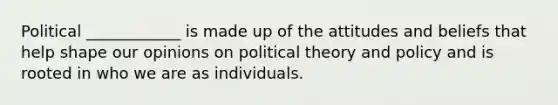 Political ____________ is made up of the attitudes and beliefs that help shape our opinions on political theory and policy and is rooted in who we are as individuals.