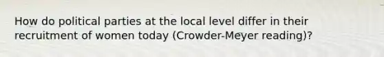 How do political parties at the local level differ in their recruitment of women today (Crowder-Meyer reading)?