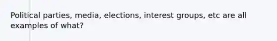 Political parties, media, elections, interest groups, etc are all examples of what?