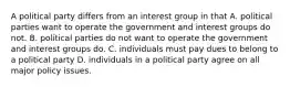 A political party differs from an interest group in that A. political parties want to operate the government and interest groups do not. B. political parties do not want to operate the government and interest groups do. C. individuals must pay dues to belong to a political party D. individuals in a political party agree on all major policy issues.