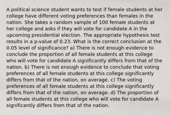 A political science student wants to test if female students at her college have different voting preferences than females in the nation. She takes a random sample of 100 female students at her college and asks if they will vote for candidate A in the upcoming presidential election. The appropriate hypothesis test results in a p-value of 0.23. What is the correct conclusion at the 0.05 level of significance? a) There is not enough evidence to conclude the proportion of all female students at this college who will vote for candidate A significantly differs from that of the nation. b) There is not enough evidence to conclude that voting preferences of all female students at this college significantly differs from that of the nation, on average. c) The voting preferences of all female students at this college significantly differs from that of the nation, on average. d) The proportion of all female students at this college who will vote for candidate A significantly differs from that of the nation.