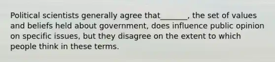 Political scientists generally agree that_______, the set of values and beliefs held about government, does influence public opinion on specific issues, but they disagree on the extent to which people think in these terms.