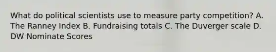 What do political scientists use to measure party competition? A. The Ranney Index B. Fundraising totals C. The Duverger scale D. DW Nominate Scores