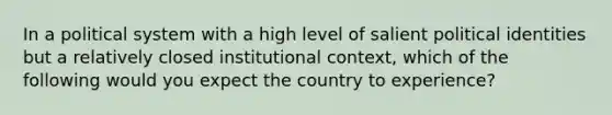 In a political system with a high level of salient political identities but a relatively closed institutional context, which of the following would you expect the country to experience?