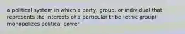 a political system in which a party, group, or individual that represents the interests of a particular tribe (ethic group) monopolizes political power