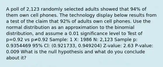 A poll of 2,123 randomly selected adults showed that 94​% of them own cell phones. The technology display below results from a test of the claim that 92​% of adults own cell phones. Use the normal distribution as an approximation to the binomial​ distribution, and assume a 0.01 significance level to Test of p=0.92 vs p≠0.92 Sample: 1 X: 1986 N: 2,123 Sample p: 0.9354469 95% Cl: (0.921733, 0.949204) Z-value: 2.63 P-value: 0.009 What is the null hypothesis and what do you conclude about​ it?