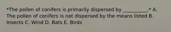 *The pollen of conifers is primarily dispersed by __________.* A. The pollen of conifers is not dispersed by the means listed B. Insects C. Wind D. Bats E. Birds