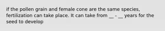 if the pollen grain and female cone are the same species, fertilization can take place. It can take from __ - __ years for the seed to develop