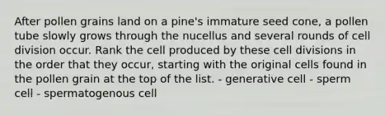 After pollen grains land on a pine's immature seed cone, a pollen tube slowly grows through the nucellus and several rounds of cell division occur. Rank the cell produced by these cell divisions in the order that they occur, starting with the original cells found in the pollen grain at the top of the list. - generative cell - sperm cell - spermatogenous cell