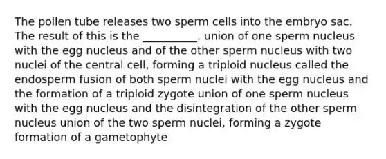 The pollen tube releases two sperm cells into the embryo sac. The result of this is the __________. union of one sperm nucleus with the egg nucleus and of the other sperm nucleus with two nuclei of the central cell, forming a triploid nucleus called the endosperm fusion of both sperm nuclei with the egg nucleus and the formation of a triploid zygote union of one sperm nucleus with the egg nucleus and the disintegration of the other sperm nucleus union of the two sperm nuclei, forming a zygote formation of a gametophyte