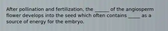 After pollination and fertilization, the ______ of the angiosperm flower develops into the seed which often contains _____ as a source of energy for the embryo.