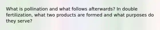 What is pollination and what follows afterwards? In double fertilization, what two products are formed and what purposes do they serve?