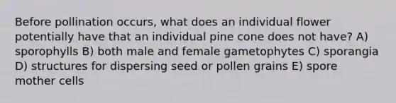 Before pollination occurs, what does an individual flower potentially have that an individual pine cone does not have? A) sporophylls B) both male and female gametophytes C) sporangia D) structures for dispersing seed or pollen grains E) spore mother cells