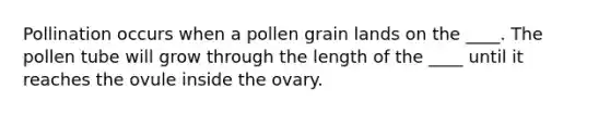 Pollination occurs when a pollen grain lands on the ____. The pollen tube will grow through the length of the ____ until it reaches the ovule inside the ovary.